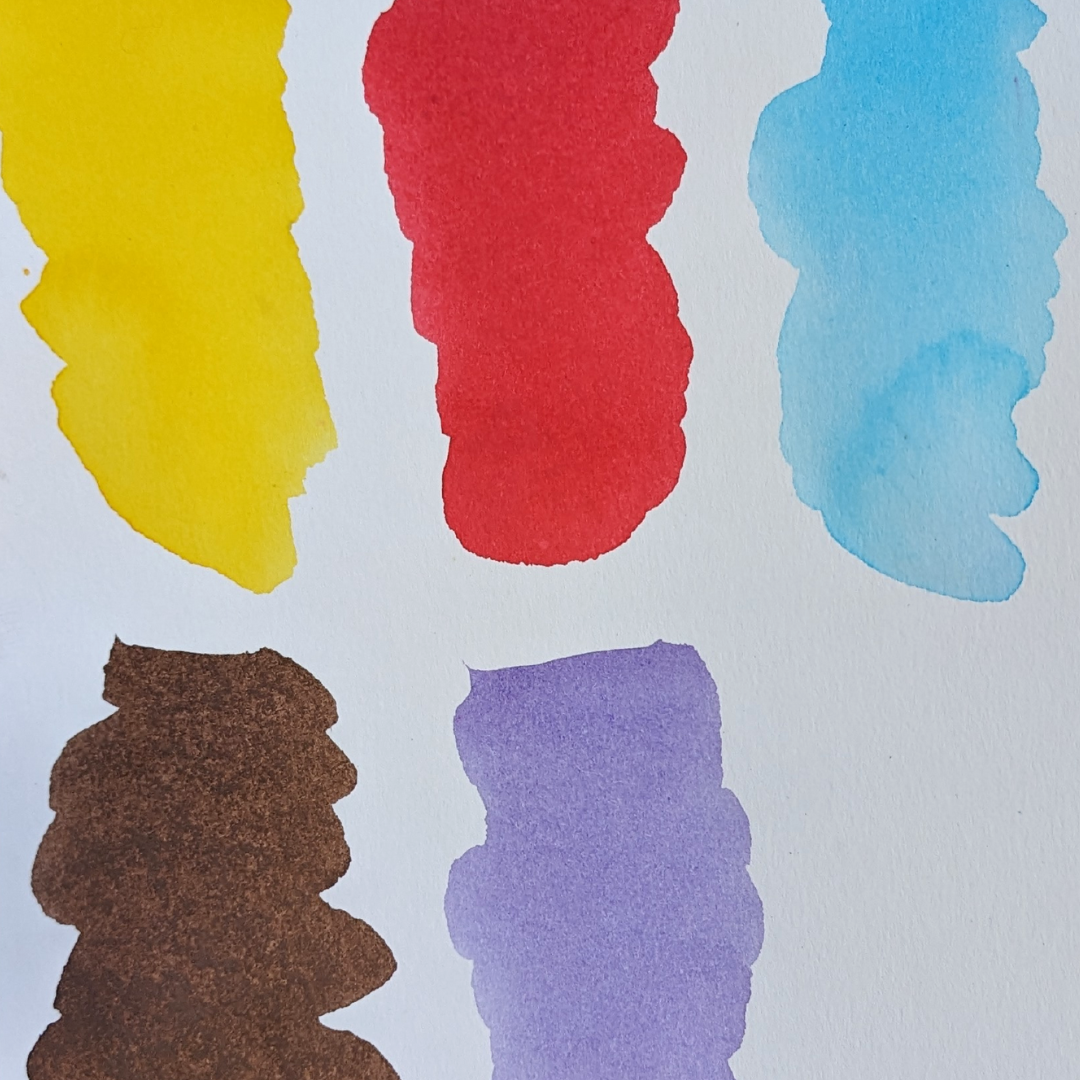 swatching of the Vintage, mail order peerless watercolors palette showing off the 5 colors of watercolor paint included