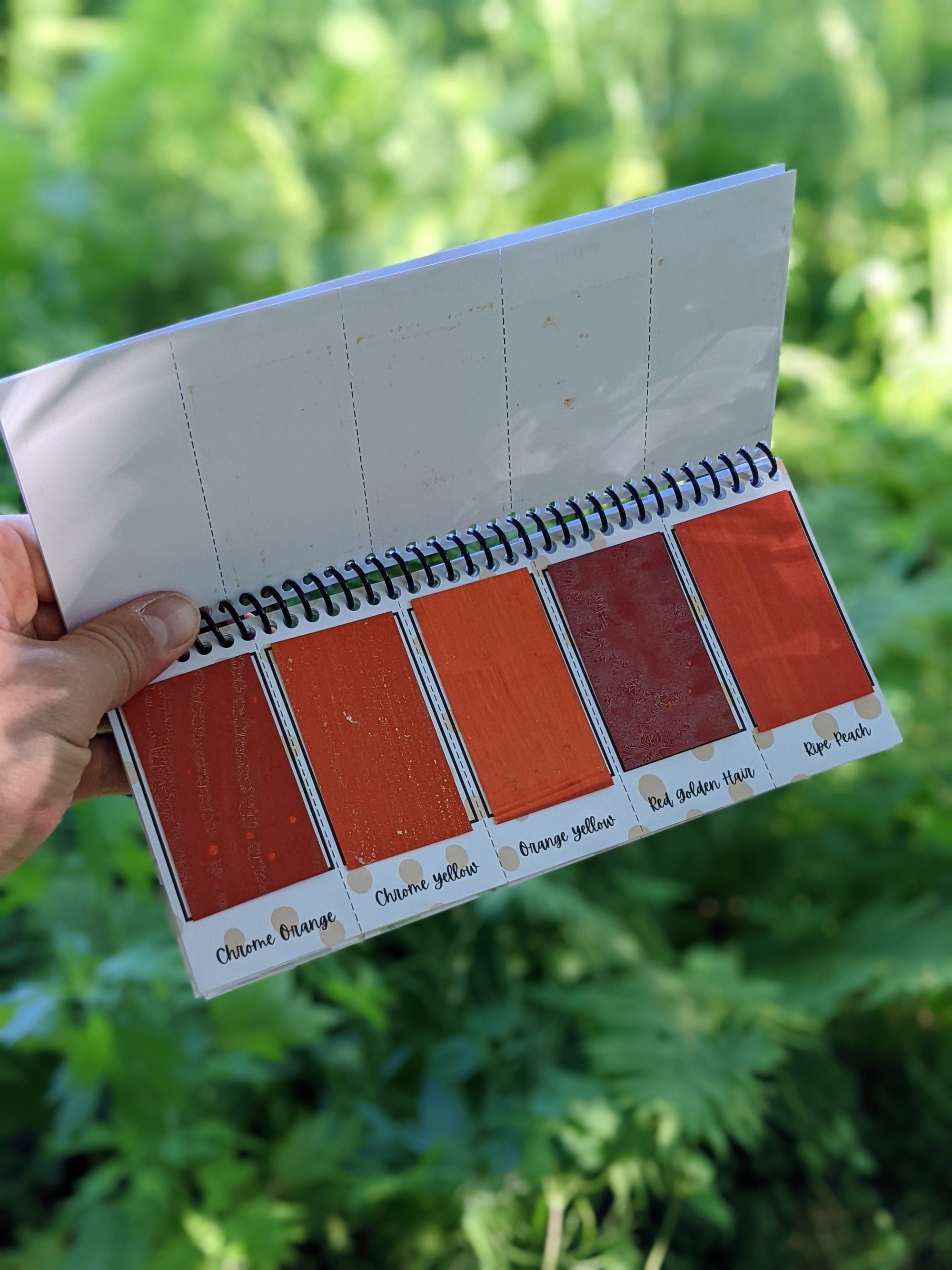 inside sheet of the peerless watercolors portable watercolor palette the Sidekick. This watercolor palette is super vibrant, portable, and easy to use.  this picture is showing of the orange paints included in the travel watercolor palette.
