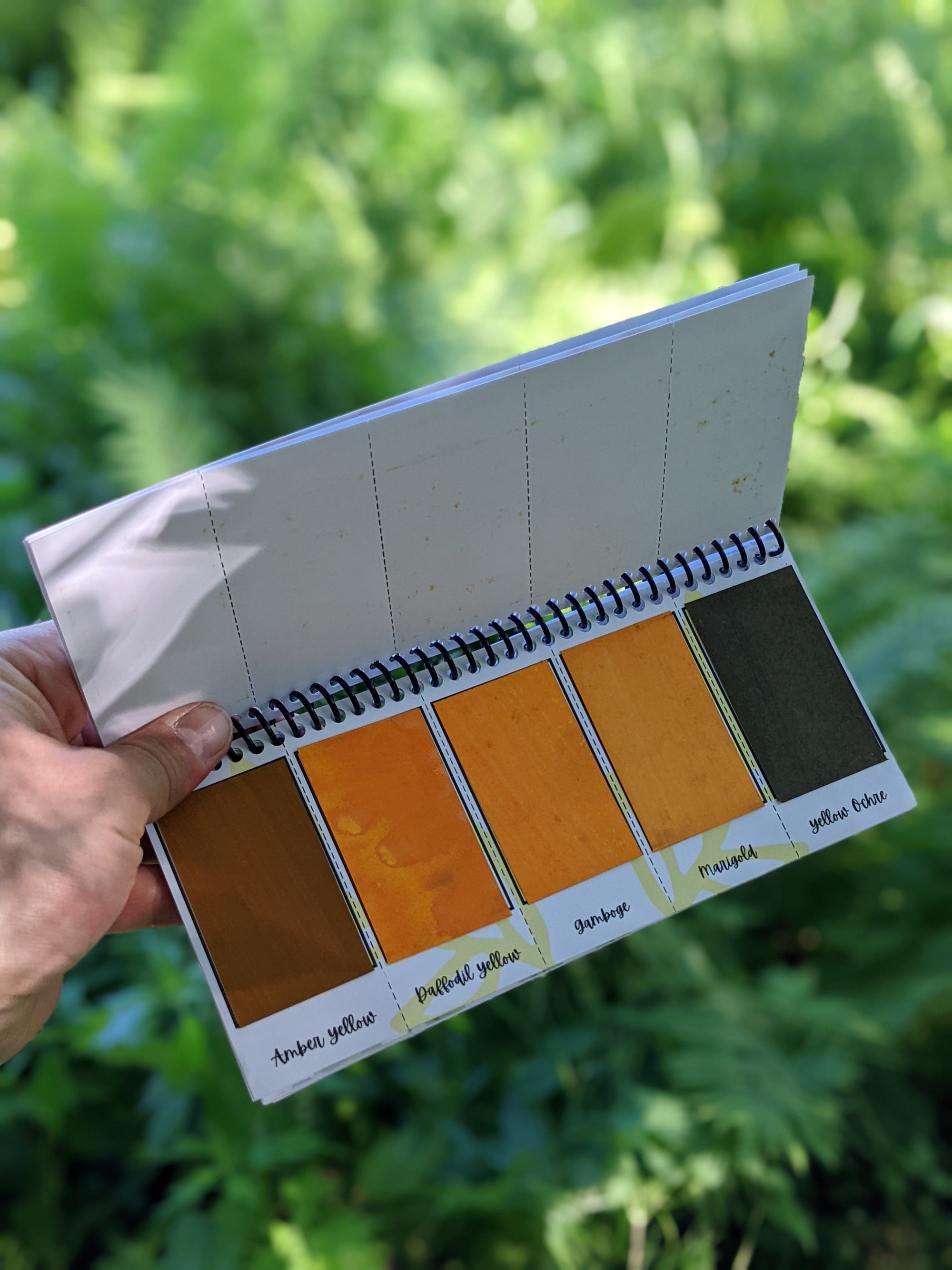 inside sheet of the peerless watercolors portable watercolor palette the Sidekick. This watercolor palette is super vibrant, portable, and easy to use.  this picture is showing of the yellow paints included in the travel watercolor palette.
