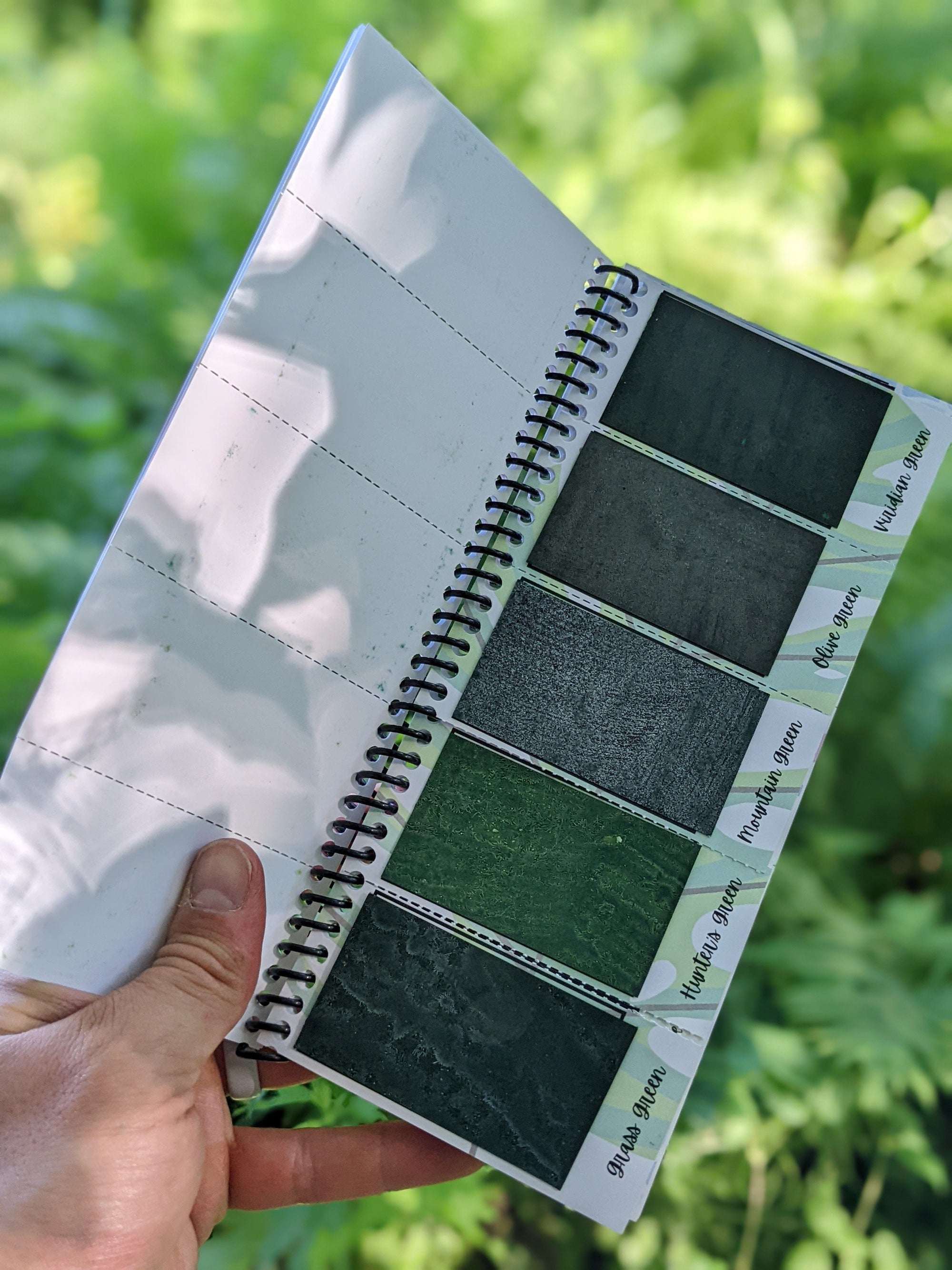 inside sheet of the peerless watercolors portable watercolor palette the Sidekick. This watercolor palette is super vibrant, portable, and easy to use.  this picture is showing of the green paints included in the travel watercolor palette.