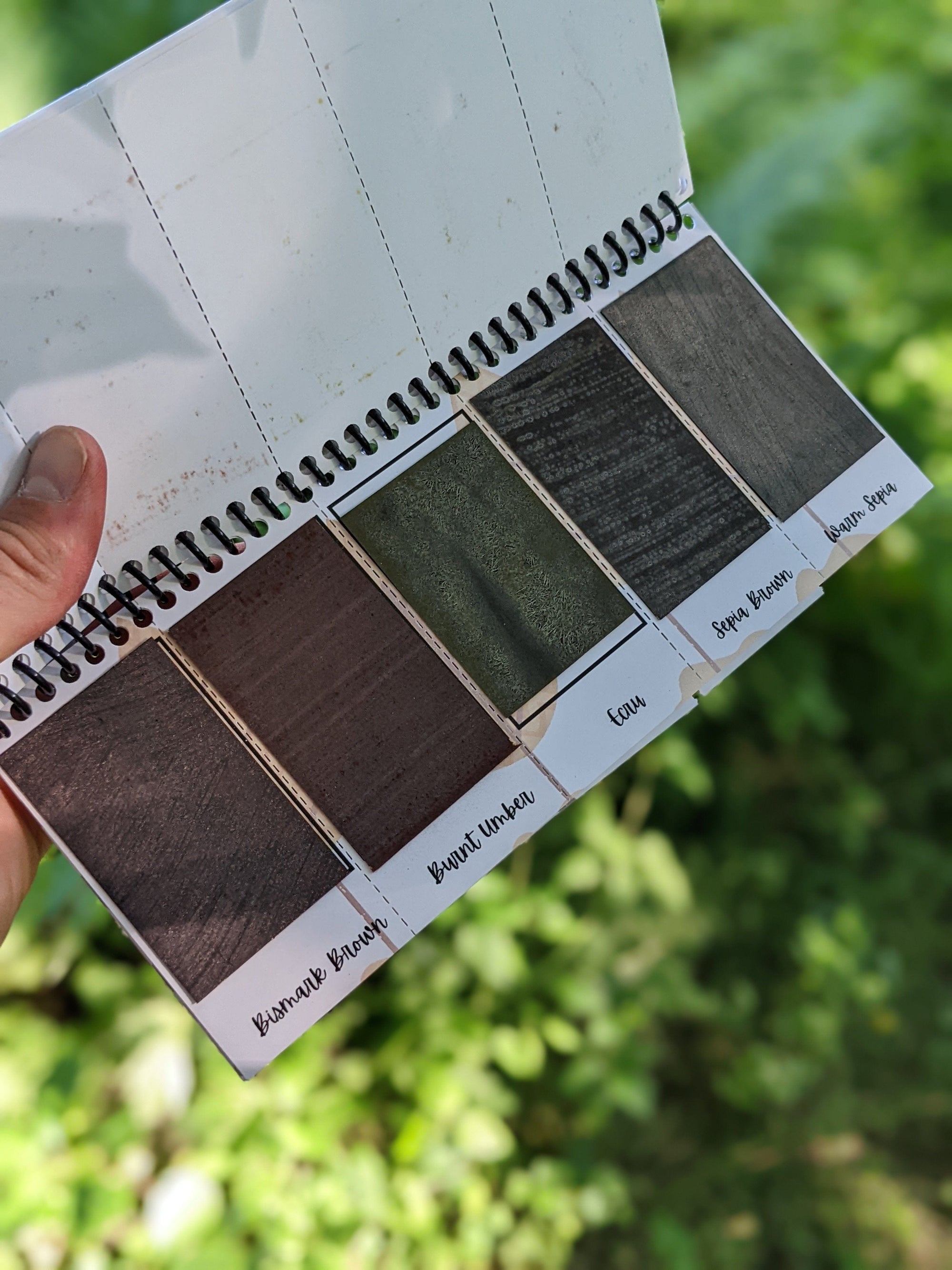 inside sheet of the peerless watercolors portable watercolor palette the Sidekick. This watercolor palette is super vibrant, portable, and easy to use.  this picture is showing of the brown paints included in the travel watercolor palette.