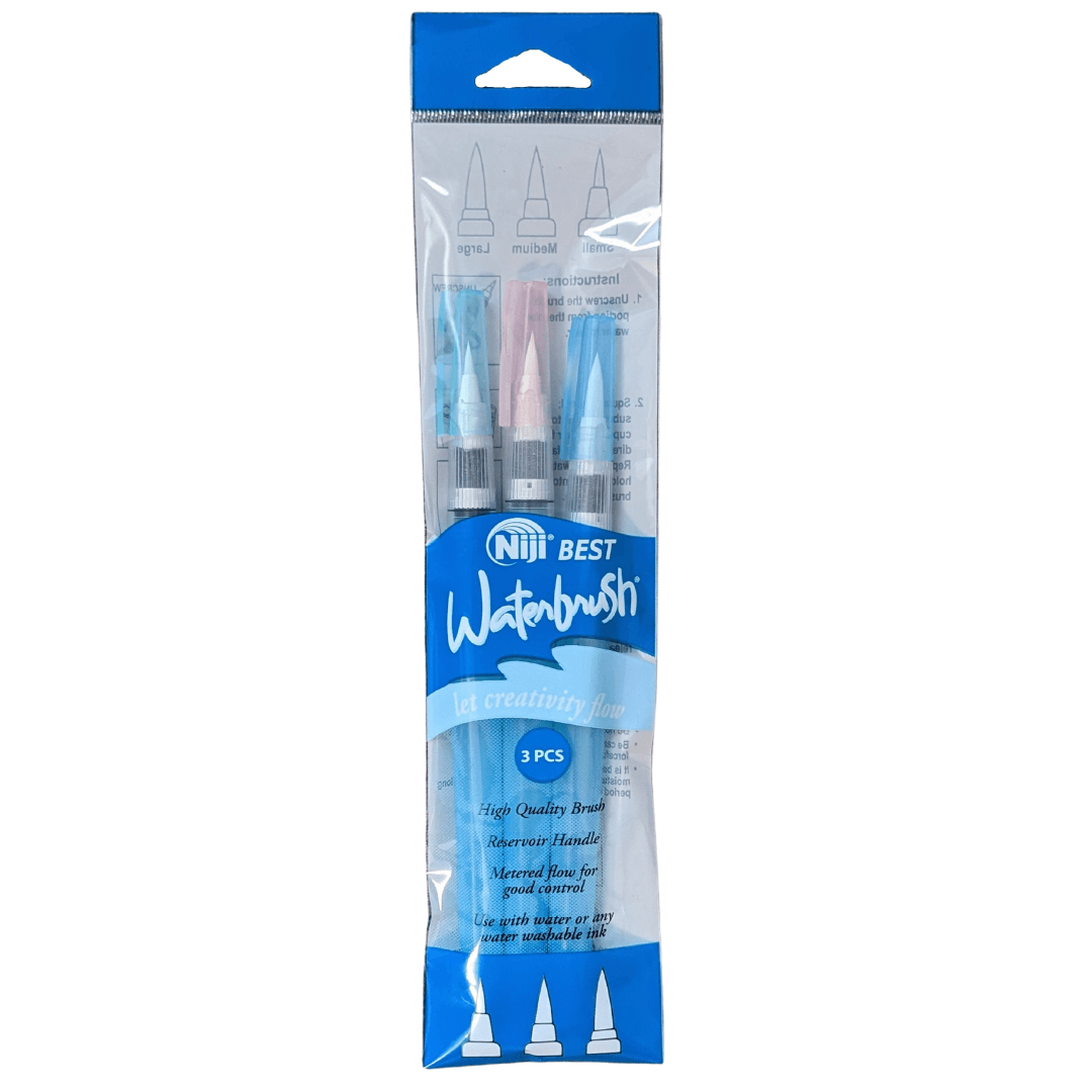 set of 3 premium niji waterbrushes. These watercolor brushes are perfect for watercolor painting on the go. This photo shows off how they come packaged
