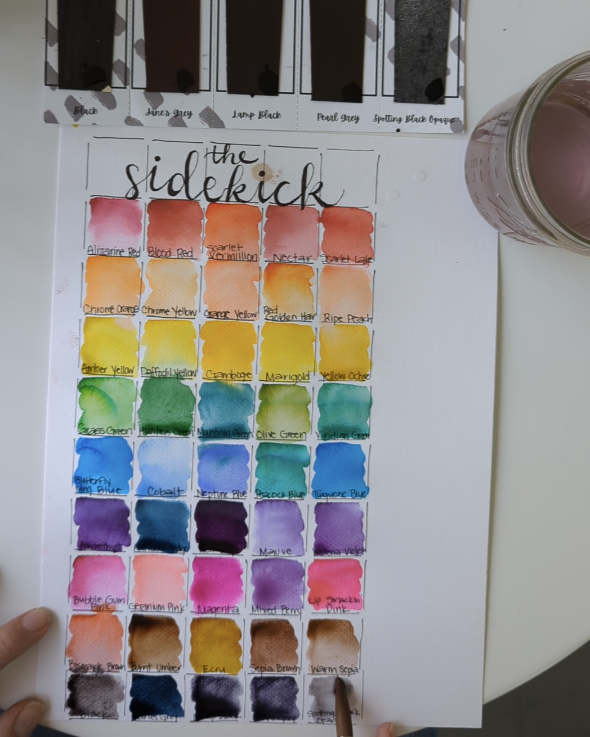 Color swatch chart titled 'sidekick' with watercolor samples on a white background.